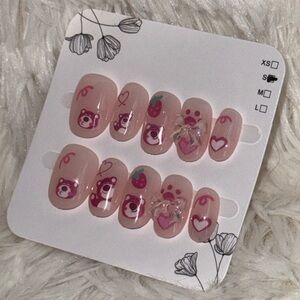 Press On Nails Short Small Oval Pink Toy Story Inspired Bear with Bows
